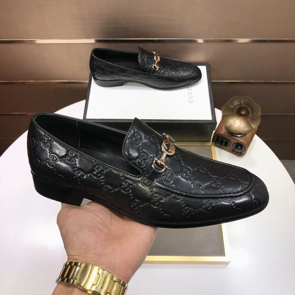 GUCCI Black Embossed Horsebit Loafers — side