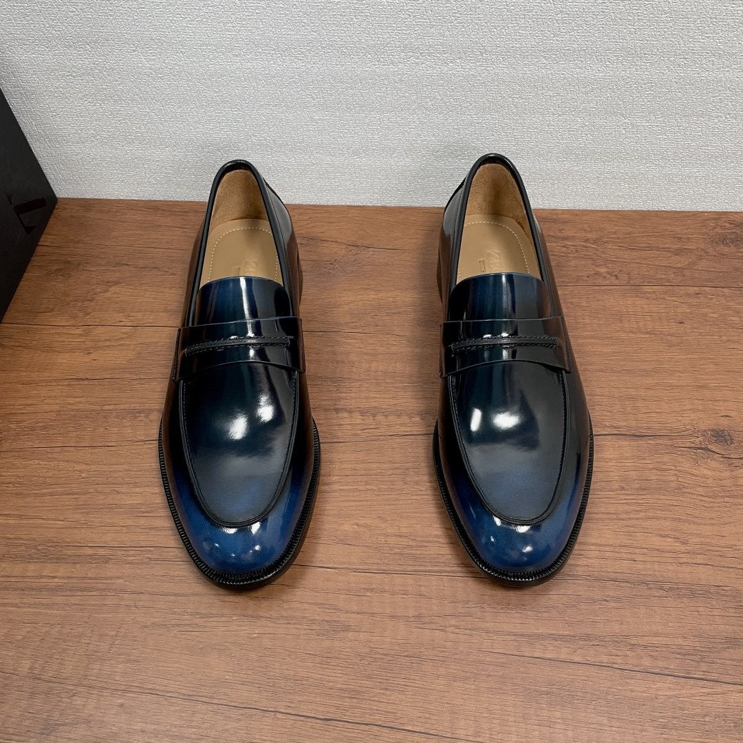 Zegna Dark Navy Leather Loafers — front