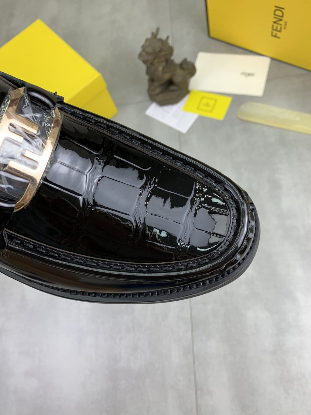 Fendi Black Glossy Buckle Loafers — detail
