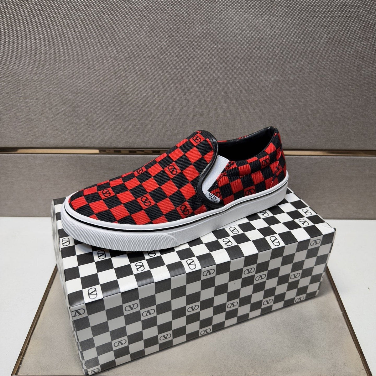 Vans Red and Black Checkerboard Slip-On Sneakers — side