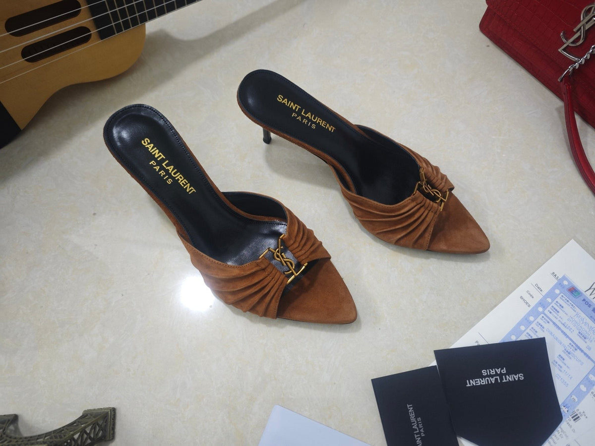Saint Laurent Ruched Logo Mule Heels — front